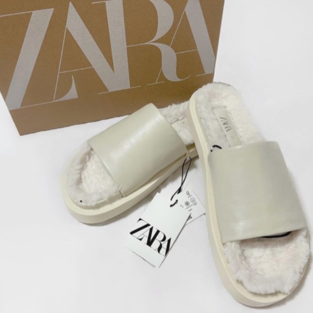 𝗡𝗪𝗧 𝗭𝗮𝗿𝗮 • Leather Flat Sandals Off-White Minimalist Comfort Slides - Picture 3 of 17